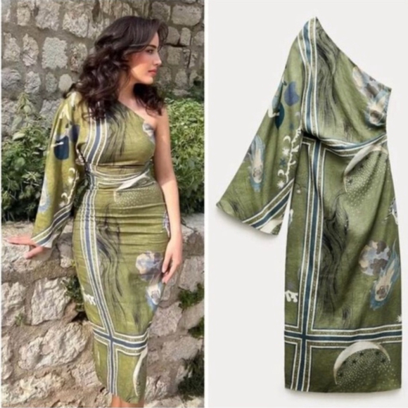 Zara Dresses & Skirts - Zara Asymmetrical Olive green dress COLLECTION PRINTED bloggers collection